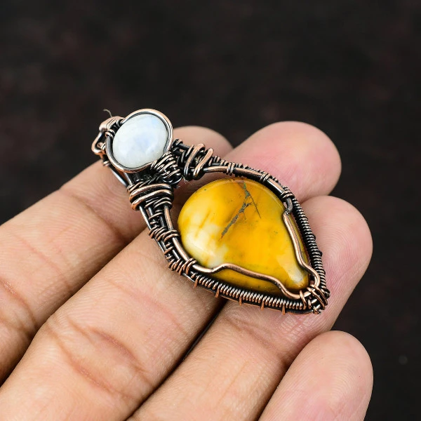 Mookaite Pear Yellow Handmade Copper Wire Wrapped Pendant