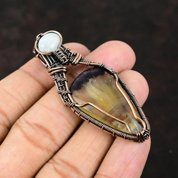 Multi Fluorite Pear White Handmade Copper Wire Wrapped Pendant