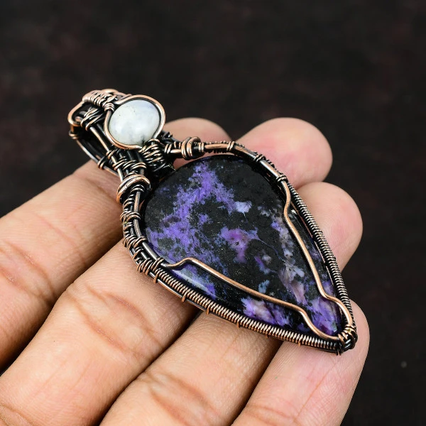 Charoite Pear Purple Handmade Copper Wire Wrapped Pendant