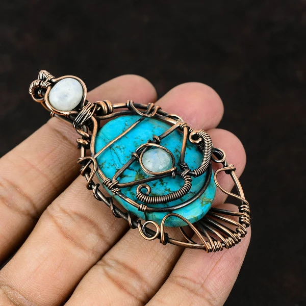 Tibetan Turquoise Oval Blue Handmade Copper Wire Wrapped Pendant