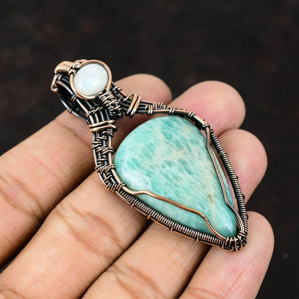 Amazonite Pear Green Handmade Copper Wire Wrapped Pendant