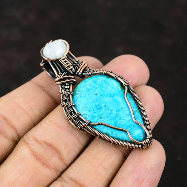 Tibetan Turquoise Pear Blue Handmade Copper Wire Wrapped Pendant