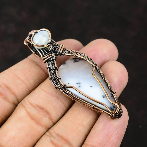 Dendrite Opal Pear White Handmade Copper Wire Wrapped Pendant