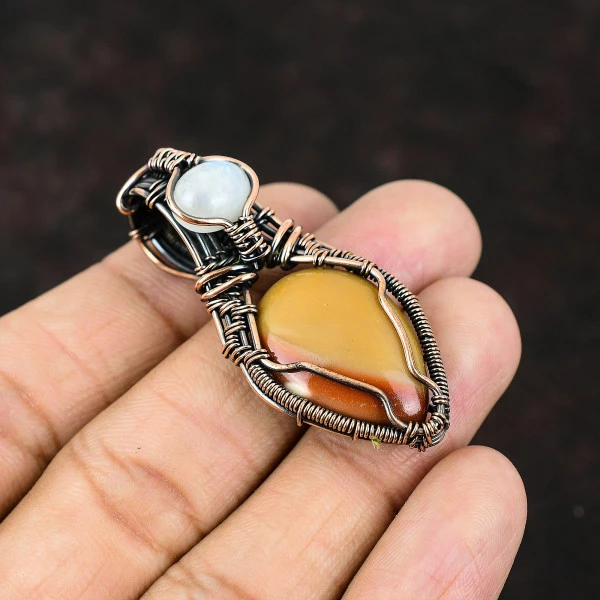 Mookaite Pear Yellow Handmade Copper Wire Wrapped Pendant
