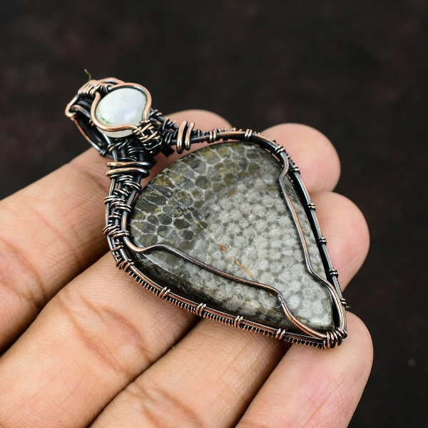Stingray Coral Pear Black Handmade Copper Wire Wrapped Pendant
