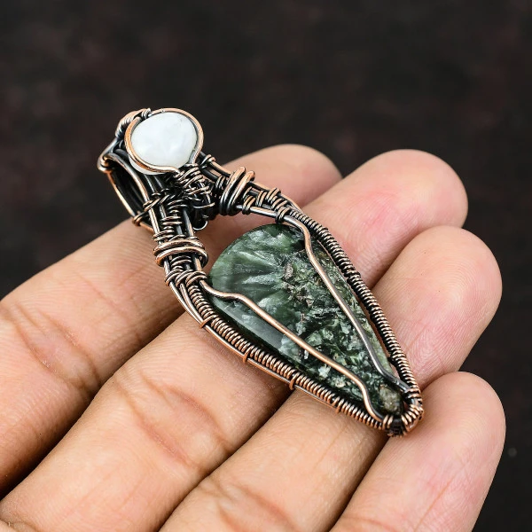 Seraphinite Pear Green Handmade Copper Wire Wrapped Pendant