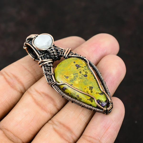 Stichtite Pear Green Handmade Copper Wire Wrapped Pendant