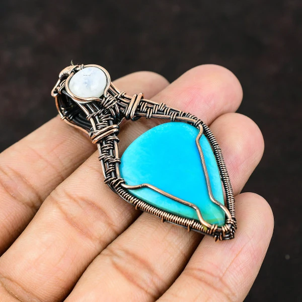Arizona Turquoise Pear Blue Handmade Copper Wire Wrapped Pendant