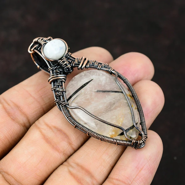 Black Rutile Pear White Handmade Copper Wire Wrapped Pendant