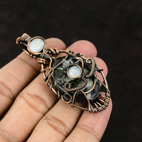 Moroccan Mud Crack Fossil Oval Black Handmade Copper Wire Wrapped Pendant