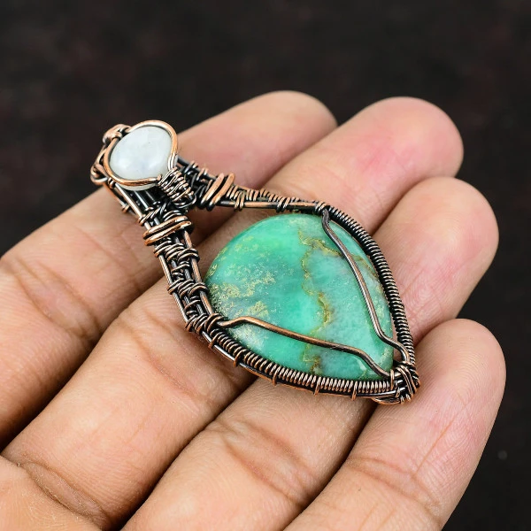 Chrysoprase Pear Green Handmade Copper Wire Wrapped Pendant