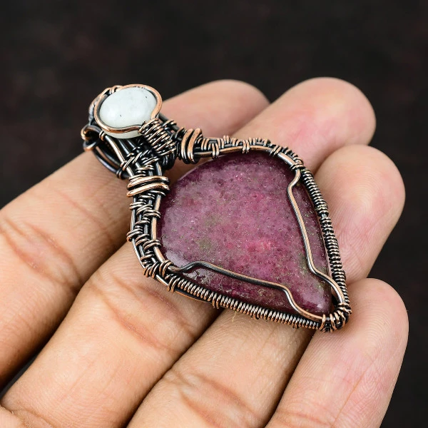 Rhodonite Pear Pink Handmade Copper Wire Wrapped Pendant