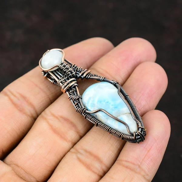 Larimar Pear Blue Handmade Copper Wire Wrapped Pendant
