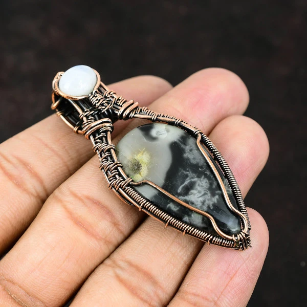 Picasso Jasper Pear Gray Handmade Copper Wire Wrapped Pendant