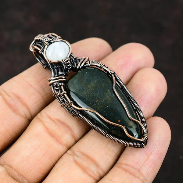 Bloodstone Pear Green Handmade Copper Wire Wrapped Pendant