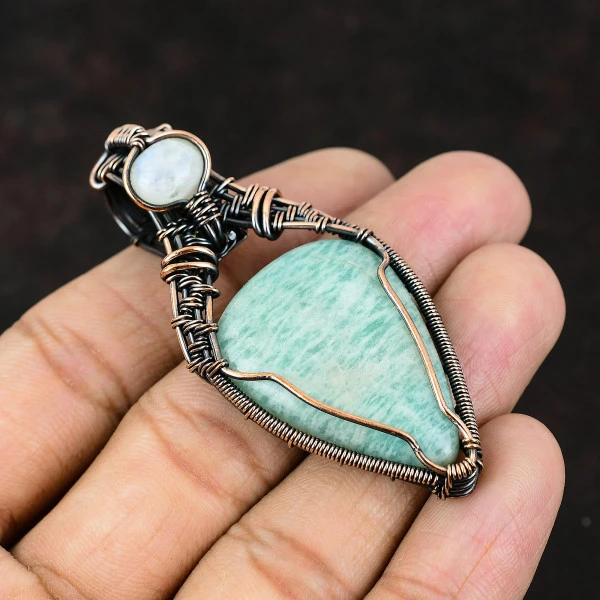 Amazonite Pear Green Handmade Copper Wire Wrapped Pendant