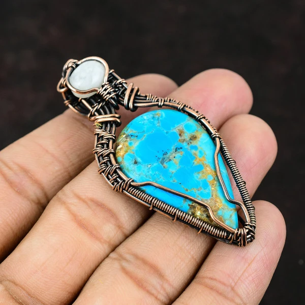 Arizona Turquoise Pear Blue Handmade Copper Wire Wrapped Pendant