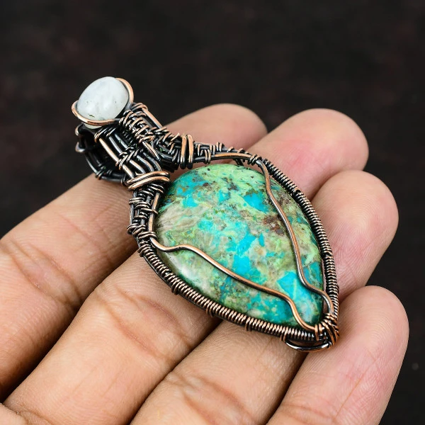 Shattuckite Pear Green Handmade Copper Wire Wrapped Pendant