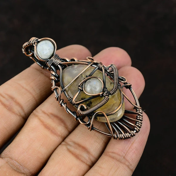 Plume Agate Oval White Handmade Copper Wire Wrapped Pendant