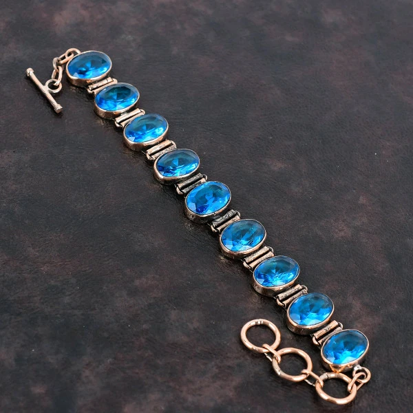 Faceted Swiss Blue Topaz Bracelet Copper Jewelry Handmade Real Gemstone Bracelet