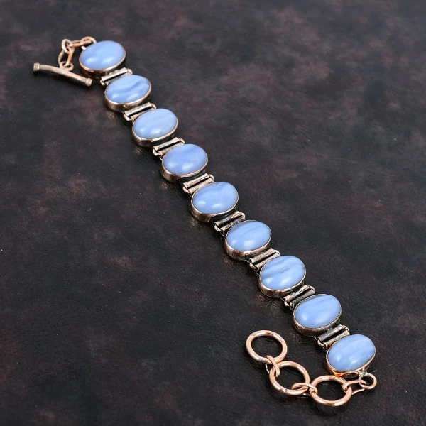 Blue Lace Agate Gemstone Bracelet Handmade Unique Design Jewelry Copper Bracelet