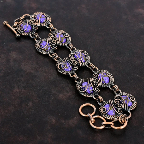 Copper Charoite Gemstone Bracelet Copper Wire Wrapped Jewelry Adjustable Bracelet