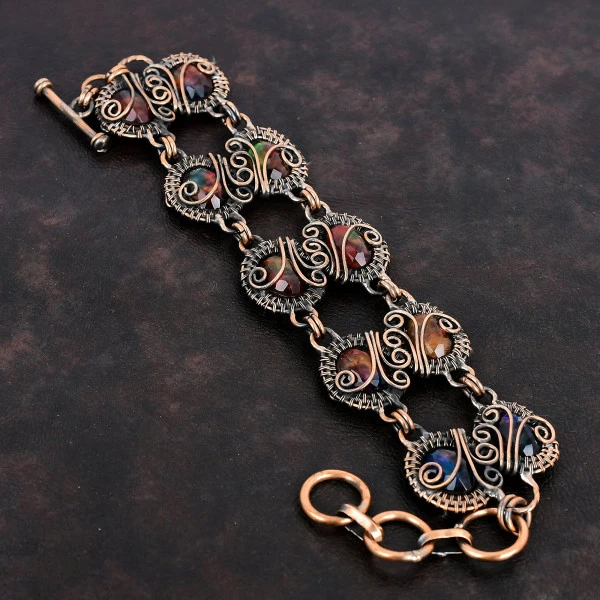 Faceted Ammolite Gemstone Bracelet Copper Wire Wrapped Adjustable Chain Bracelet