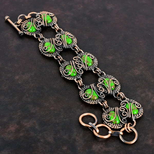 Copper Green Turquoise Bracelet Adjustable Bracelet Copper Wire Wrapped Jewelry