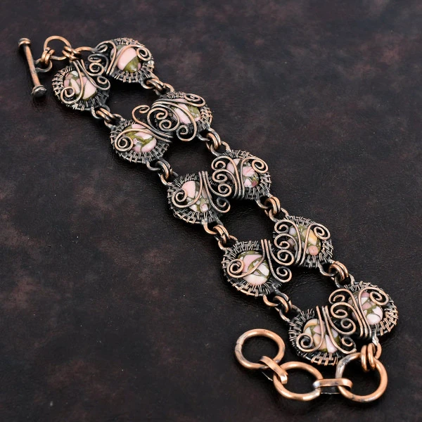 Copper Pink Opal Bracelet Adjustable Chain Bracelet Copper Wire Wrapped Jewelry