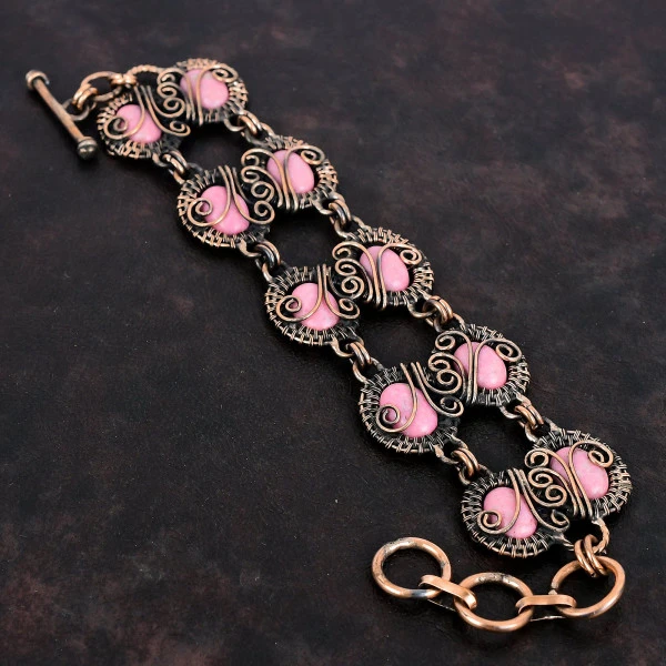 Thulite Copper Wire Wrapped Bracelet Adjustable Chain Bracelet Gemstone Jewelry