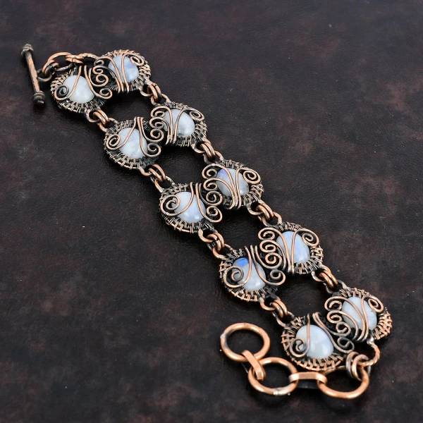Rainbow Moonstone Gemstone Bracelet Copper Wire Wrapped Adjustable Chain Bracelet
