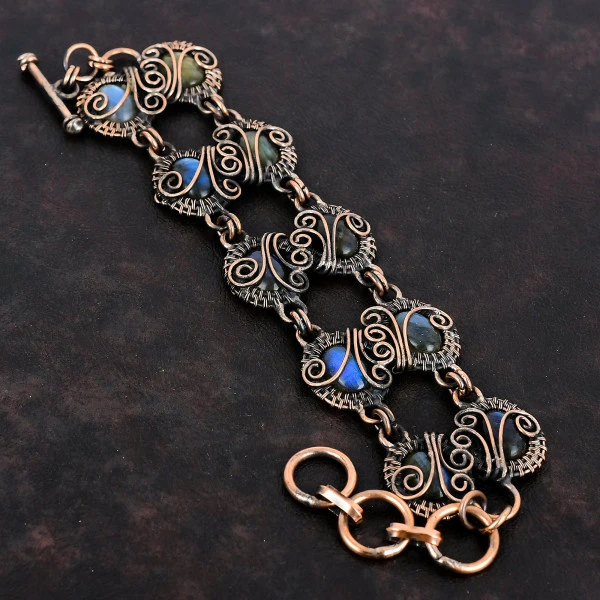 Labradorite Gemstone Bracelet Handmade Copper Wire Wrapped Adjustable Bracelet