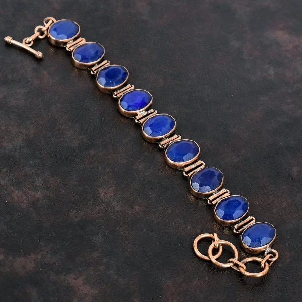 Faceted Blue Sapphire Bracelet Adjustable Chain Bracelet Copper Gemstone Jewelry