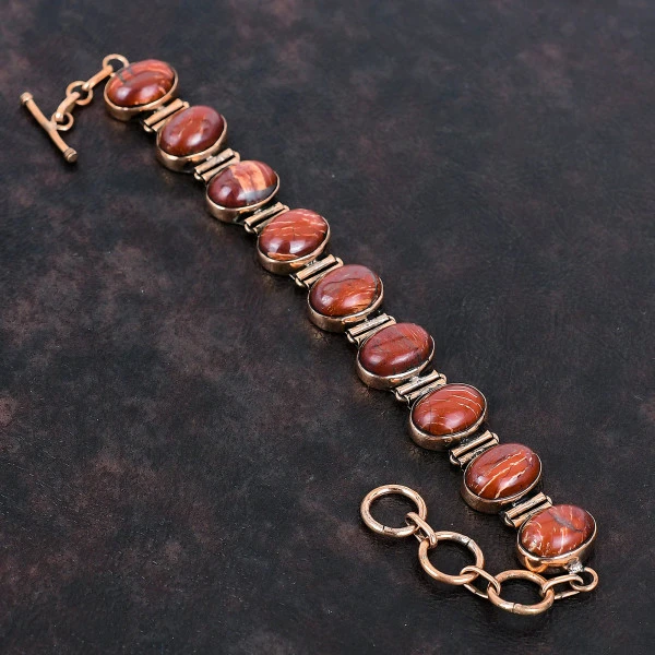 Red Snakeskin Jasper Gemstone Bracelet Copper Bracelet Adjustable Chain Bracelet