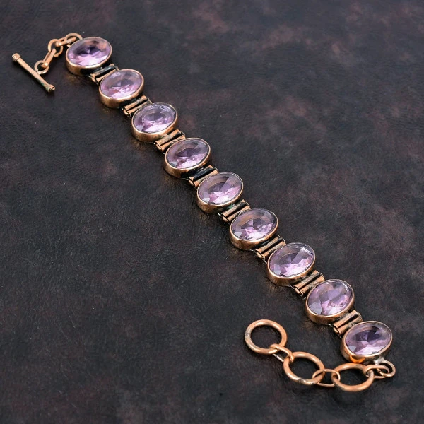 Faceted Pink Kunzite Gemstone Bracelet Copper Jewelry Adjustable Chain Bracelet