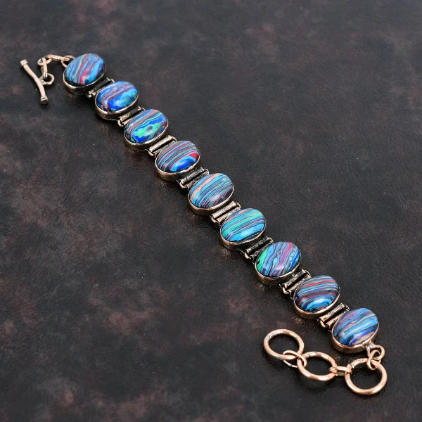 Rainbow Calsilica Bracelet Copper Gemstone Bracelet Handmade Designer Jewelry