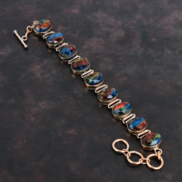 Faceted Ammolite Real Gemstone Bracelet Copper Bracelet Handmade Antique Jewelry
