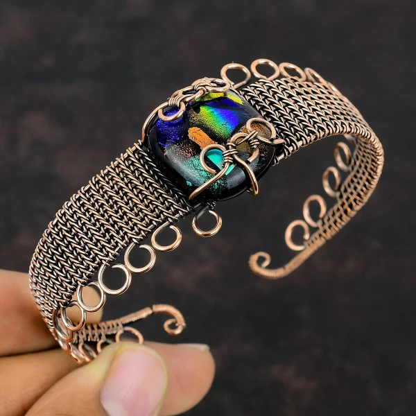 American Dichroic Glass Cushion Blue Handmade Copper Wire Wrapped Bangle