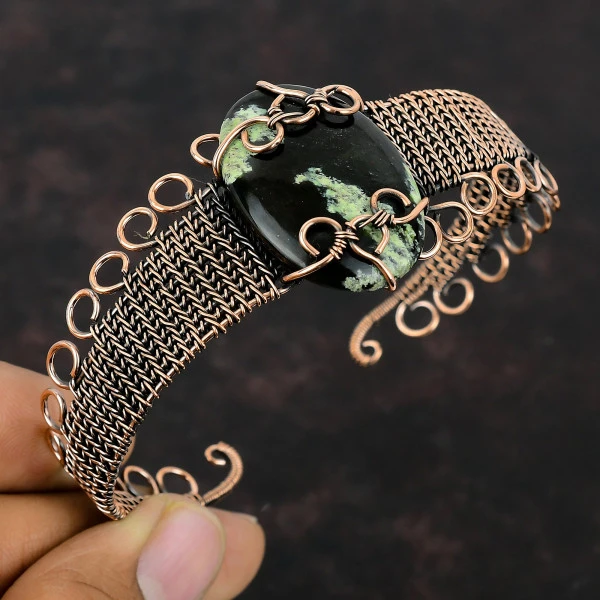 Australian Chrome Chalcedony Oval Black Handmade Copper Wire Wrapped Bangle