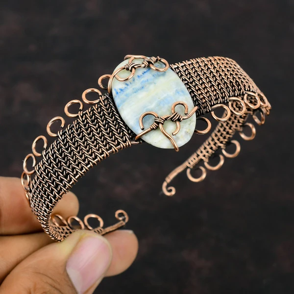 Blue Scheelite Oval Blue Handmade Copper Wire Wrapped Bangle
