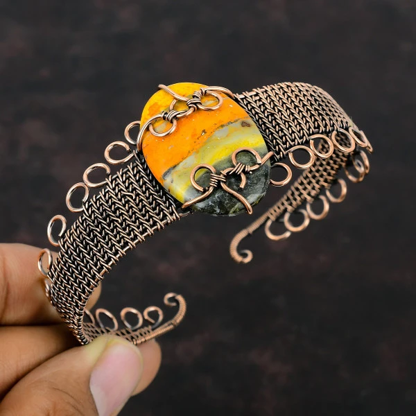 Bumble Bee Jasper Oval Yellow Handmade Copper Wire Wrapped Bangle