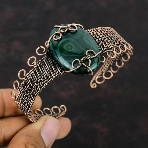 Malachite Oval Green Handmade Copper Wire Wrapped Bangle