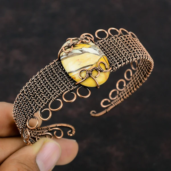 Brecciated Mookaite Oval Yellow Handmade Copper Wire Wrapped Bangle