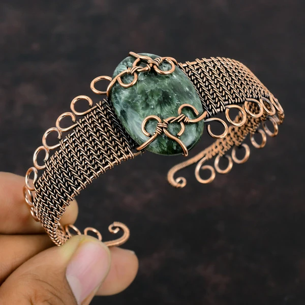 Seraphinite Oval Green Handmade Copper Wire Wrapped Bangle