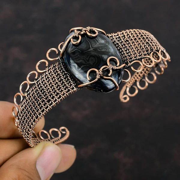 Psilomelane Oval Black Handmade Copper Wire Wrapped Bangle
