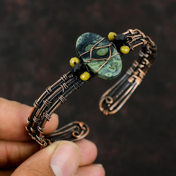 Kambaba Jasper Oval Green Handmade Copper Wire Wrapped Bangle