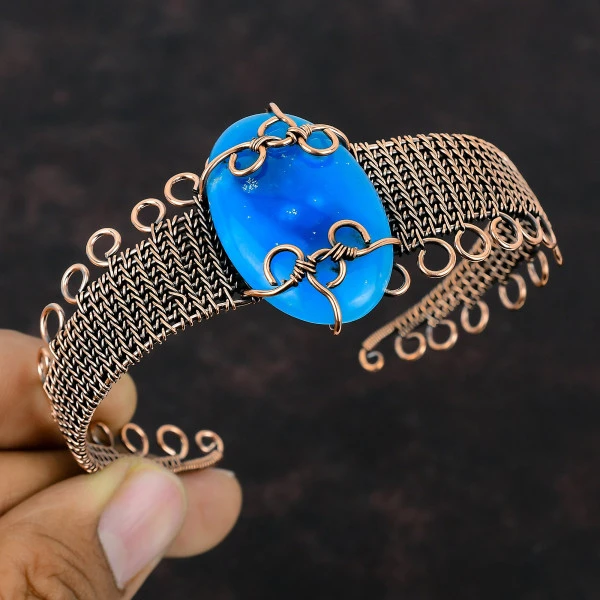 Smithsonite Oval Blue Handmade Copper Wire Wrapped Bangle