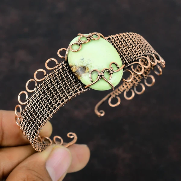 Lemon Chrysoprase Oval Green Handmade Copper Wire Wrapped Bangle