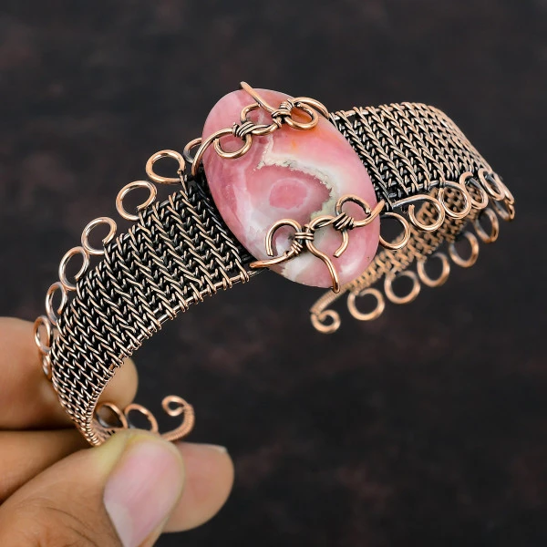 Rhodochrosite Oval Pink Handmade Copper Wire Wrapped Bangle