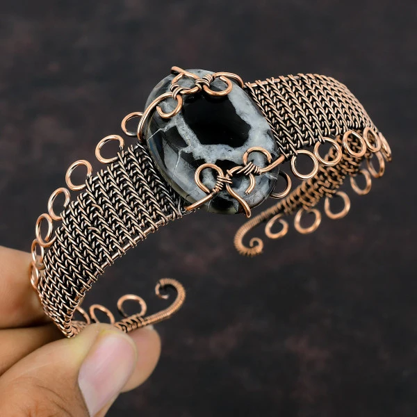 Moroccan Mud Crack Fossil Oval Black Handmade Copper Wire Wrapped Bangle